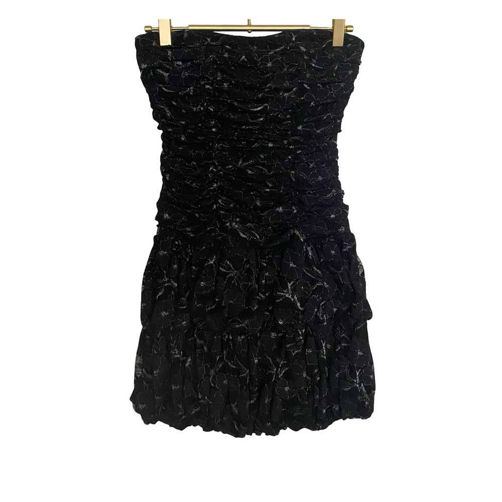 Sequin Hearts Black Silver Floral Lace Ruched Strapless Bubble Hem Dress S